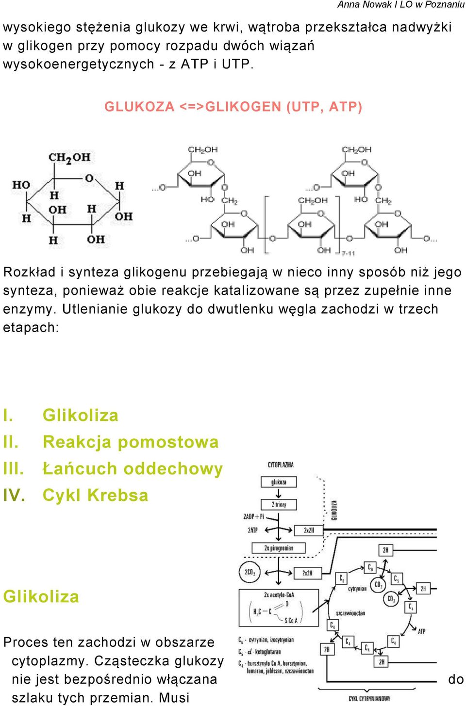 przez zupełnie inne enzymy. Utlenianie glukozy do dwutlenku węgla zachodzi w trzech etapach: I. Glikoliza II. Reakcja pomostowa III.