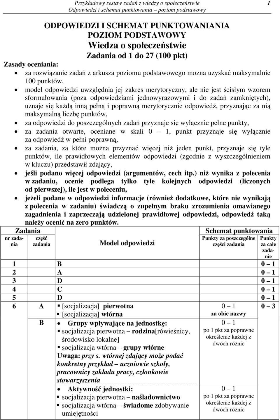 inną pełną i poprawną merytorycznie odpowiedź, przyznając za nią maksymalną liczbę punktów, za odpowiedzi do poszczególnych zadań przyznaje się wyłącznie pełne punkty, za zadania otwarte, oceniane w