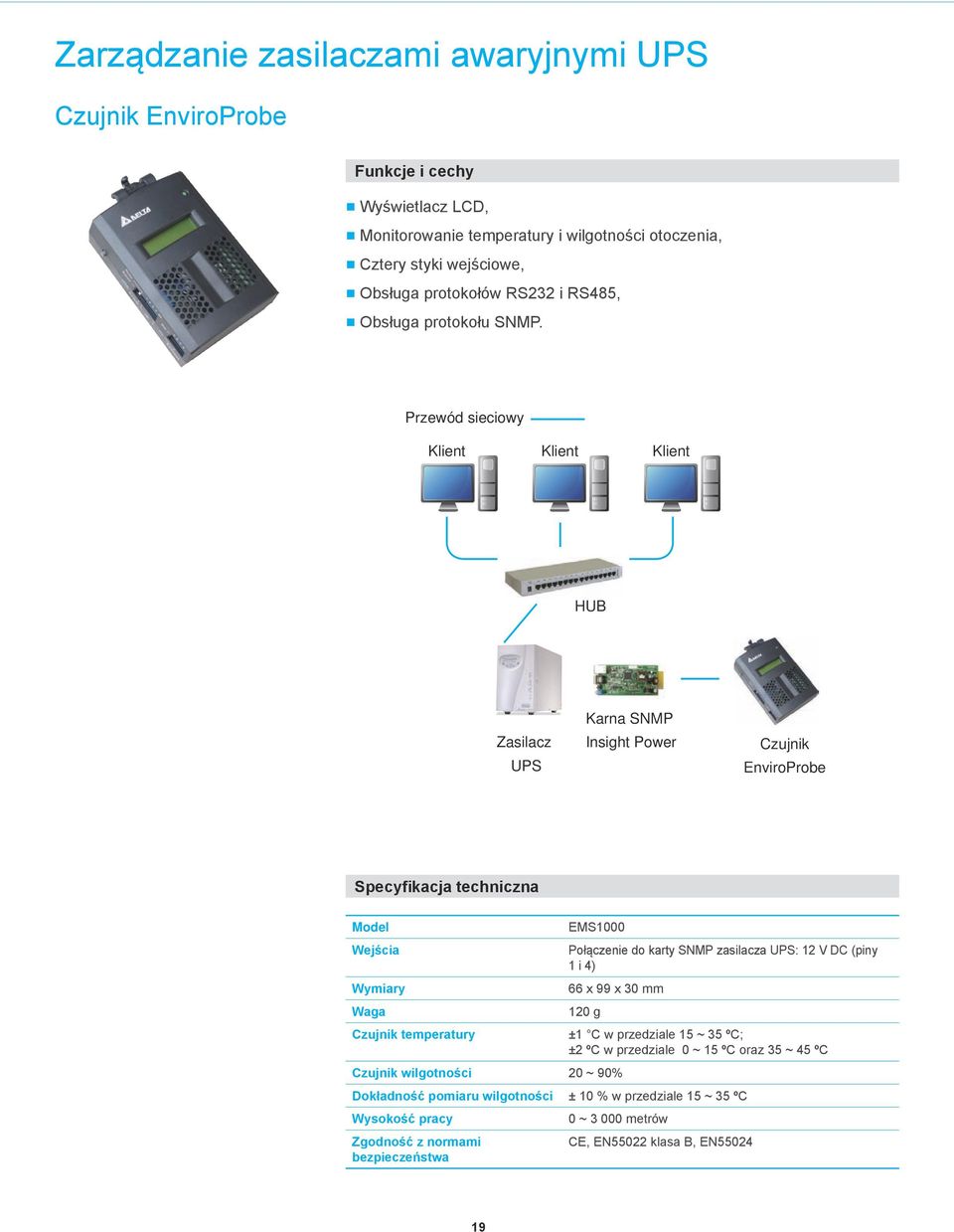 Przewód sieciowy Klient Klient Klient HUB Zasilacz UPS Karna SNMP Insight Power Czujnik EnviroProbe Specyfikacja techniczna Model Wejścia Wymiary Waga Czujnik temperatury EMS1000 Połączenie