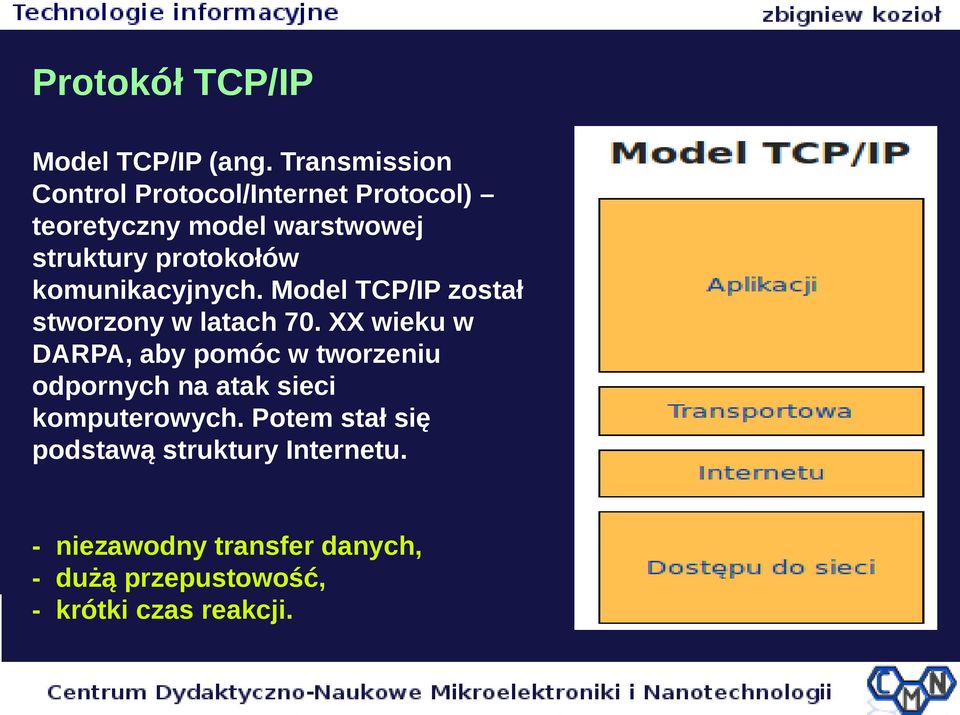protokołów komunikacyjnych. Model TCP/IP został stworzony w latach 70.