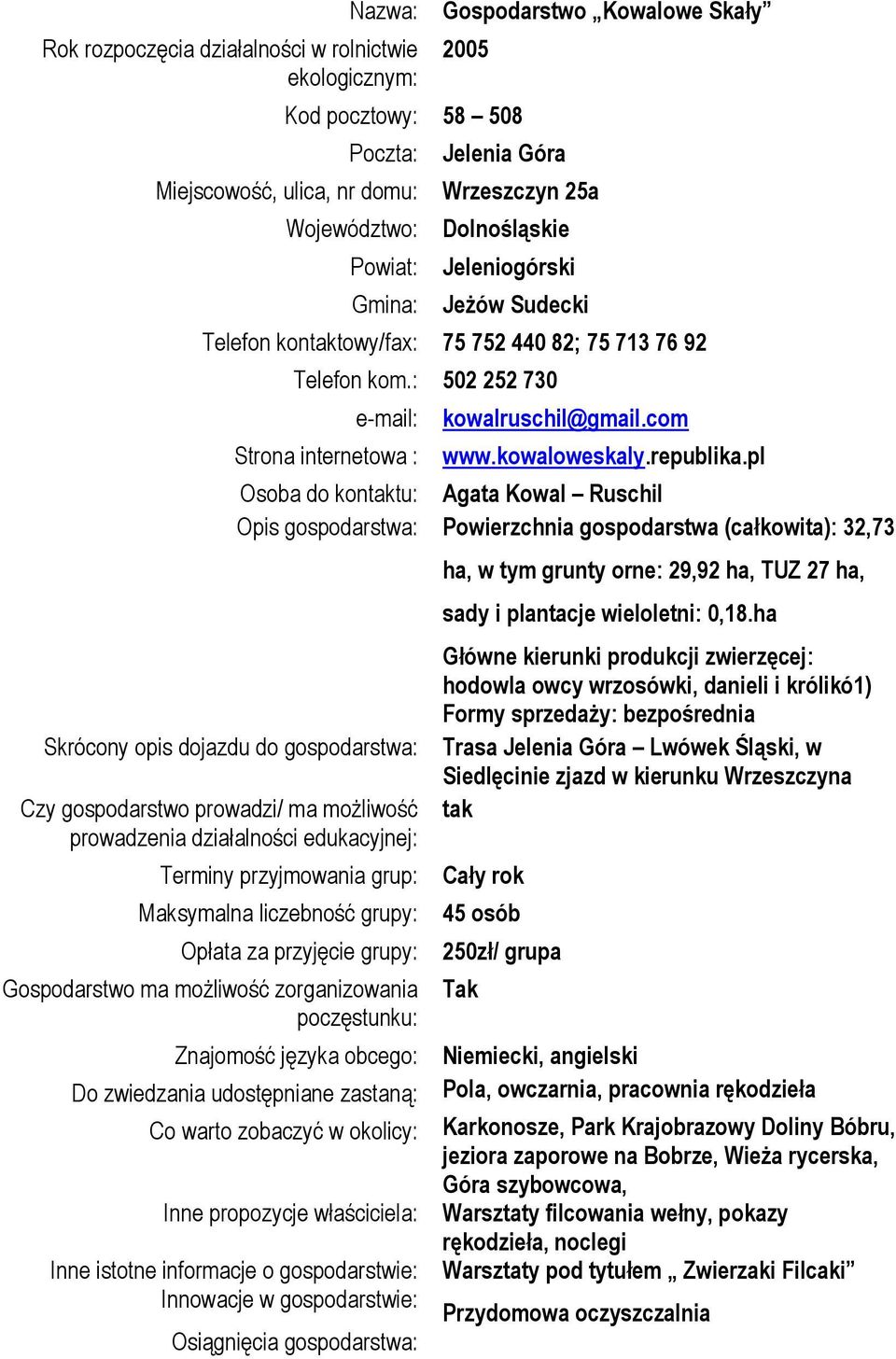 : 502 252 730 e-mail: Strona internetowa : Skrócony opis dojazdu do gospodarstwa: Czy gospodarstwo prowadzi/ ma możliwość prowadzenia działalności edukacyjnej: kowalruschil@gmail.com www.