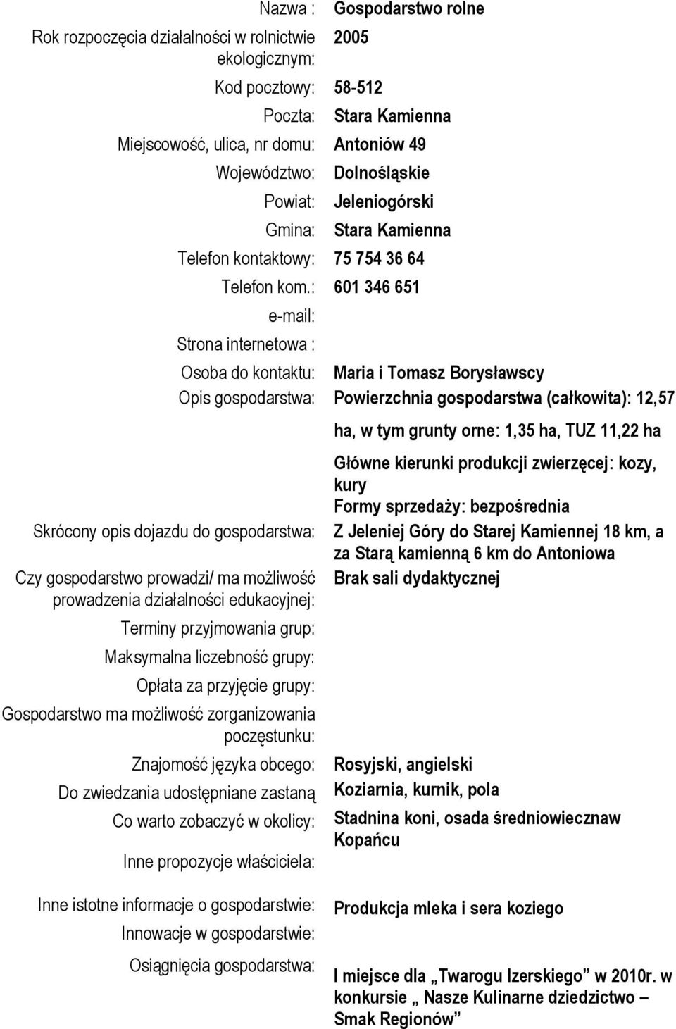 : 601 346 651 e-mail: Strona internetowa : Skrócony opis dojazdu do gospodarstwa: Czy gospodarstwo prowadzi/ ma możliwość prowadzenia działalności edukacyjnej: Osoba do kontaktu: Maria i Tomasz