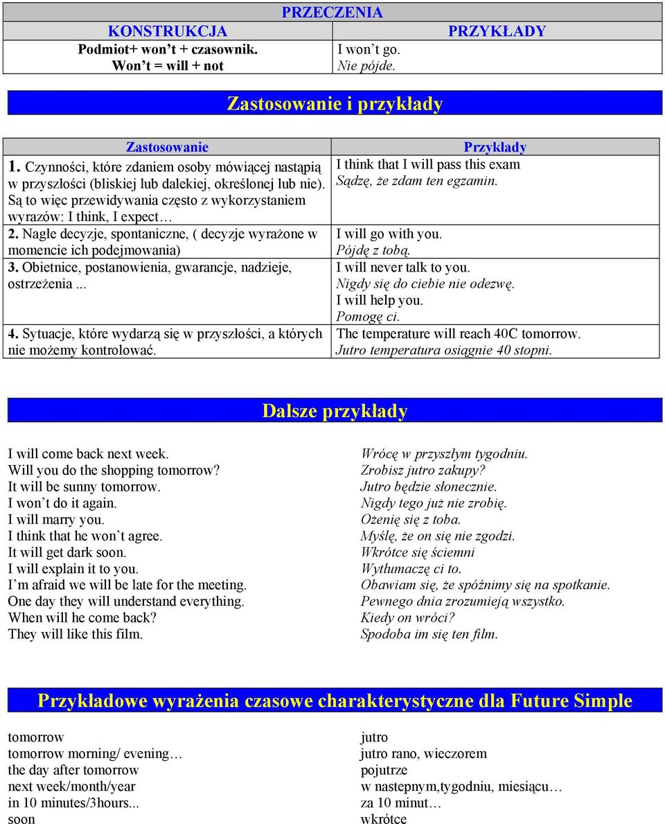Nagłe decyzje, spontaniczne, ( decyzje wyrażone w I will go with you. momencie ich podejmowania) Pójdę z tobą. 3. Obietnice, postanowienia, gwarancje, nadzieje, ostrzeżenia... 4.