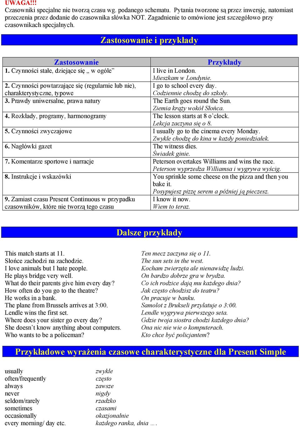 2. Czynności powtarzające się (regularnie lub nie), I go to school every day. charakterystyczne, typowe Codziennie chodzę do szkoły. 3. Prawdy uniwersalne, prawa natury The Earth goes round the Sun.