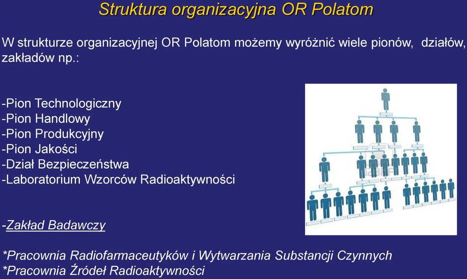 : -Pion Technologiczny -Pion Handlowy -Pion Produkcyjny -Pion Jakości -Dział Bezpieczeństwa