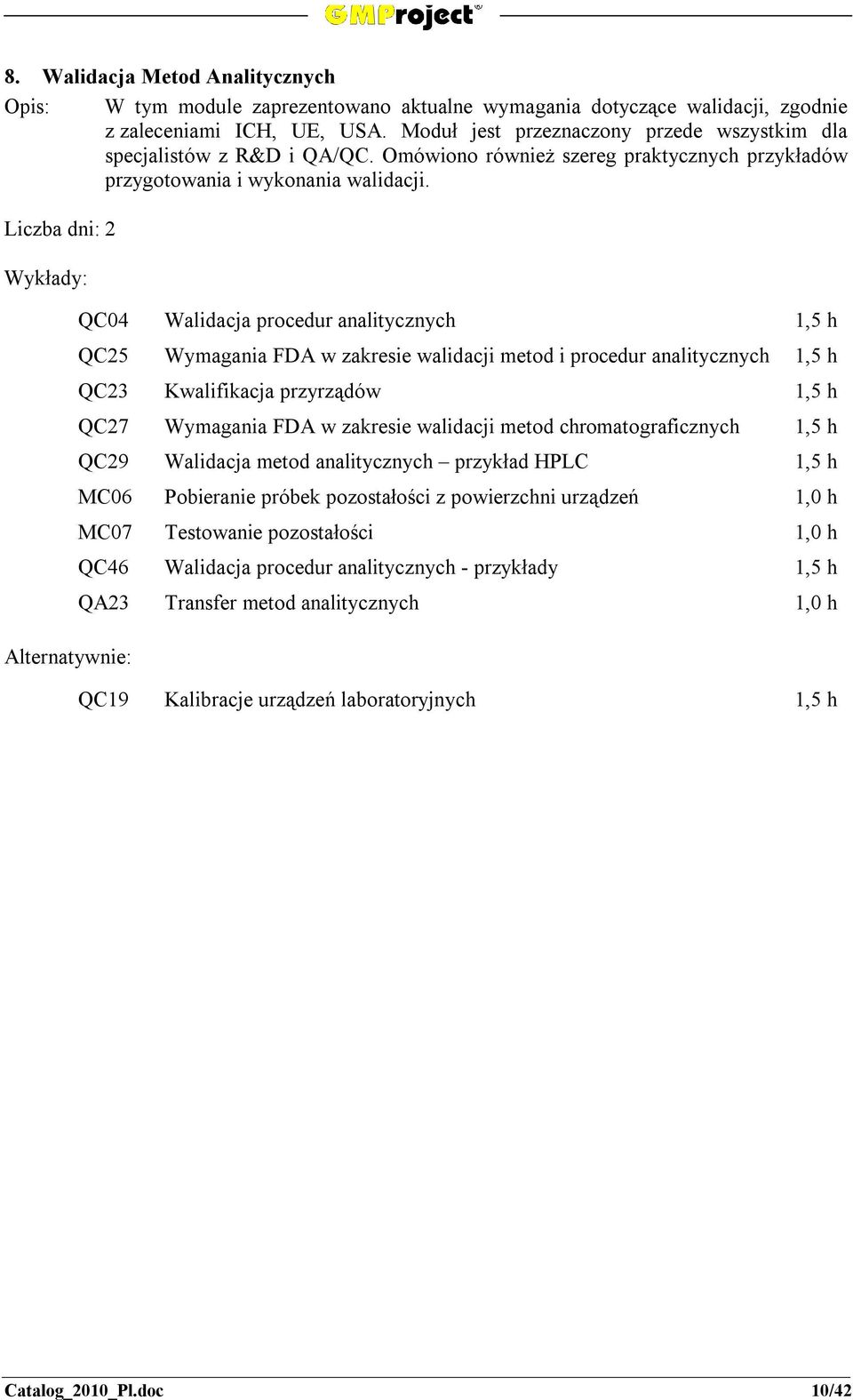 QC04 Walidacja procedur analitycznych QC25 Wymagania FDA w zakresie walidacji metod i procedur analitycznych QC23 Kwalifikacja przyrządów QC27 Wymagania FDA w zakresie walidacji metod