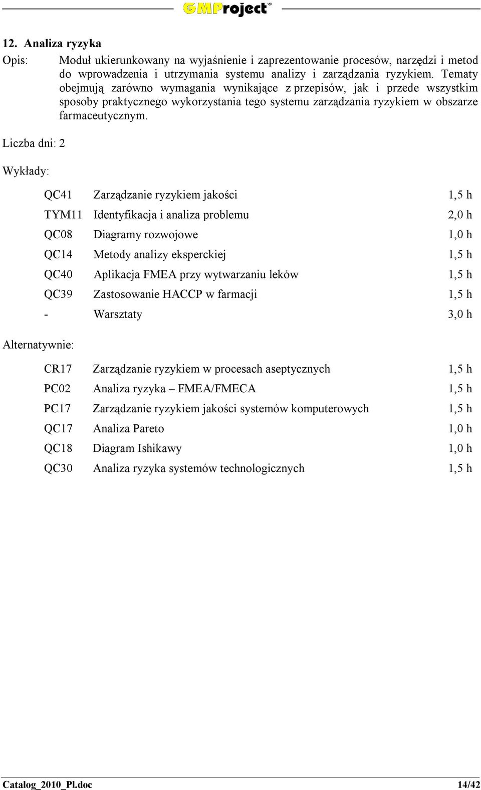 QC41 Zarządzanie ryzykiem jakości TYM11 Identyfikacja i analiza problemu 2,0 h QC08 Diagramy rozwojowe QC14 Metody analizy eksperckiej QC40 Aplikacja FMEA przy wytwarzaniu leków QC39 Zastosowanie