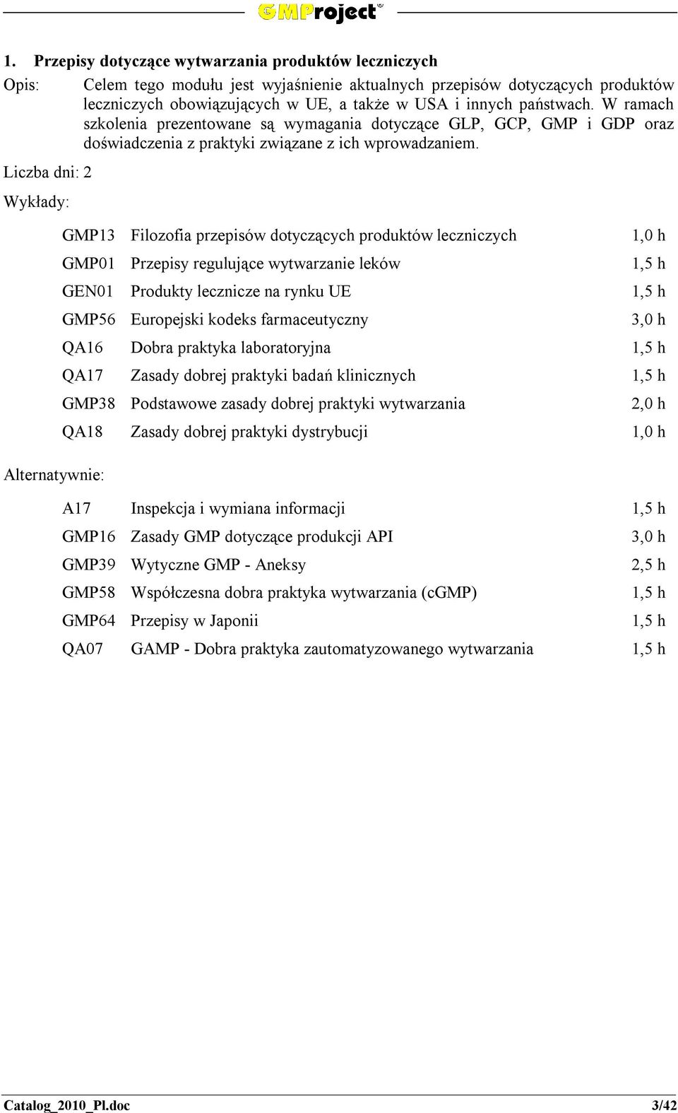 GMP13 Filozofia przepisów dotyczących produktów leczniczych GMP01 Przepisy regulujące wytwarzanie leków GEN01 Produkty lecznicze na rynku UE GMP56 Europejski kodeks farmaceutyczny 3,0 h QA16 Dobra