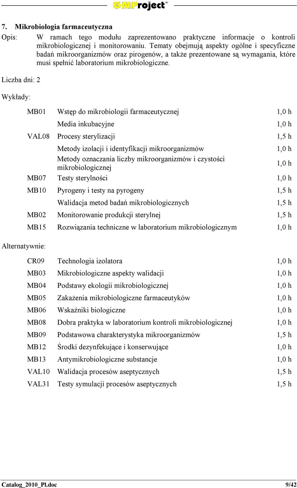 MB01 Wstęp do mikrobiologii farmaceutycznej Media inkubacyjne VAL08 Procesy sterylizacji Metody izolacji i identyfikacji mikroorganizmów Metody oznaczania liczby mikroorganizmów i czystości