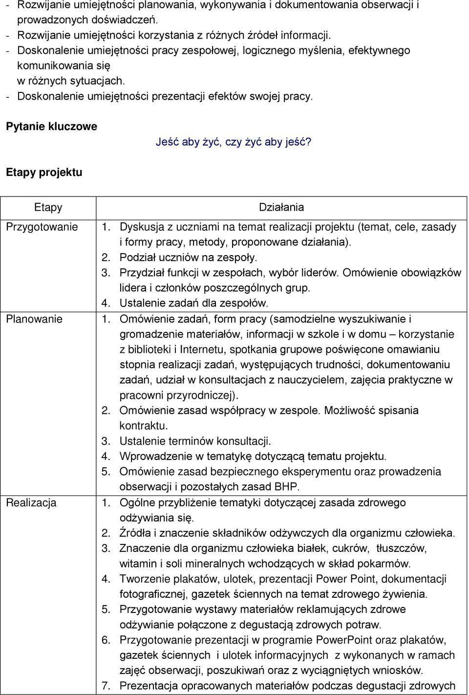 Pytanie kluczowe Jeść aby żyć, czy żyć aby jeść? Etapy projektu Etapy Przygotowanie Planowanie Realizacja Działania 1.