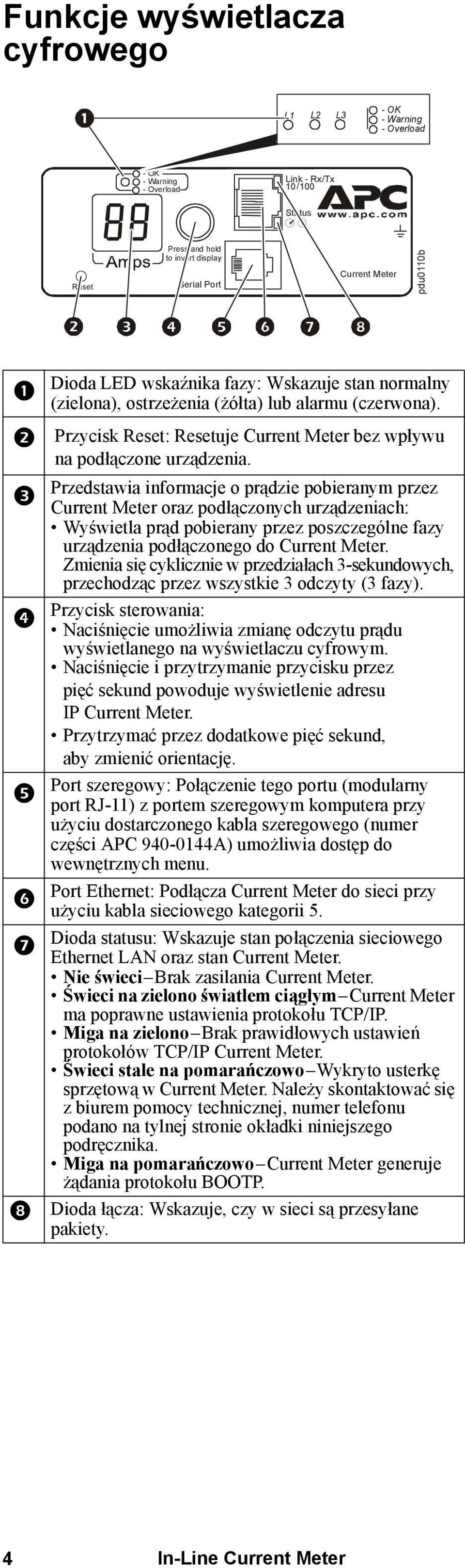 Przedstawia informacje o prądzie pobieranym przez Current Meter oraz podłączonych urządzeniach: Wyświetla prąd pobierany przez poszczególne fazy urządzenia podłączonego do Current Meter.