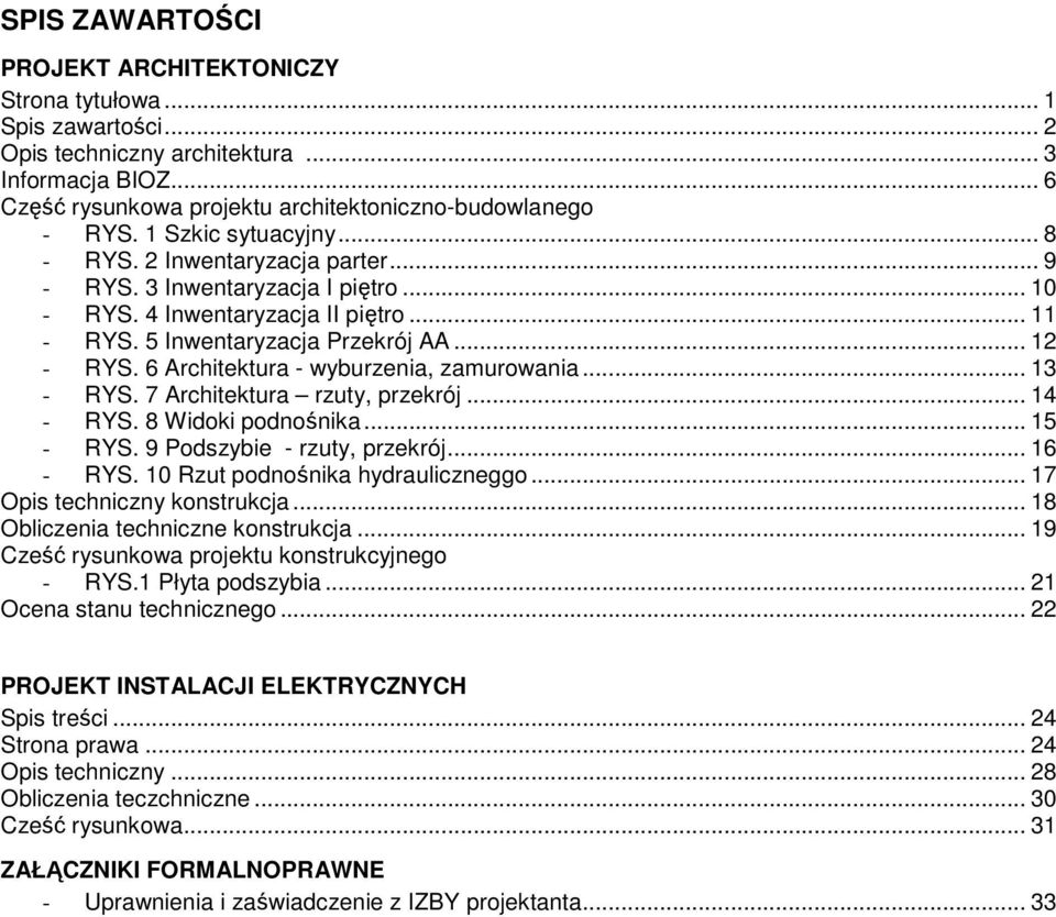 6 Architektura - wyburzenia, zamurowania... 13 - RYS. 7 Architektura rzuty, przekrój... 14 - RYS. 8 Widoki podnośnika... 15 - RYS. 9 Podszybie - rzuty, przekrój... 16 - RYS.