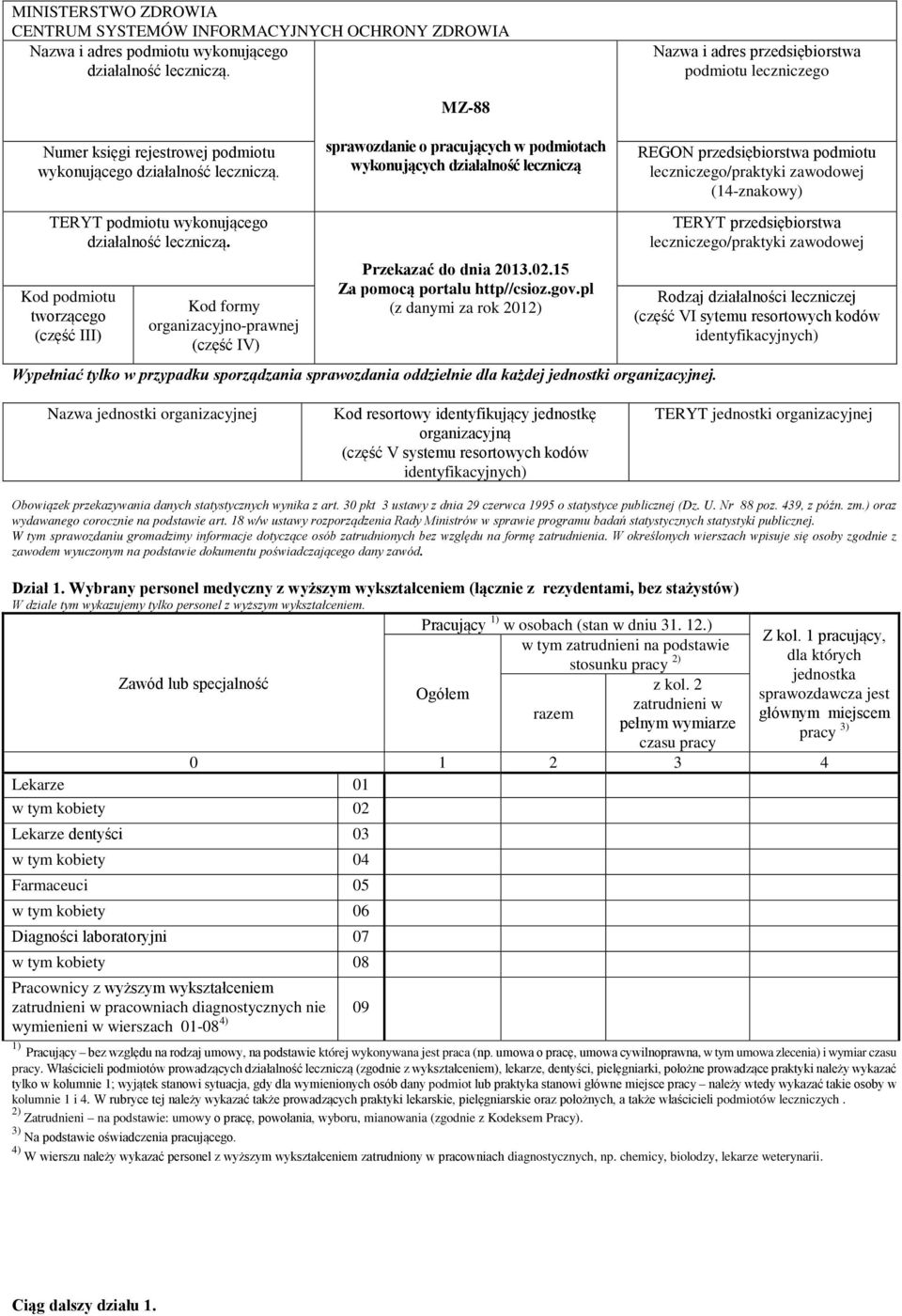 Kod podmiotu tworzącego (część III) Kod formy organizacyjno-prawnej (część IV) MZ-88 sprawozdanie o pracujących w podmiotach wykonujących działalność leczniczą Przekazać do dnia 2013.02.