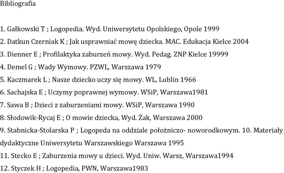 Sachajska E ; Uczymy poprawnej wymowy. WSiP, Warszawa1981 7. Sawa B ; Dzieci z zaburzeniami mowy. WSiP, Warszawa 1990 8. Słodowik-Rycaj E ; O mowie dziecka, Wyd. Żak, Warszawa 2000 9.