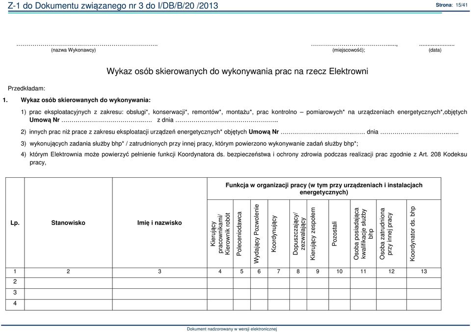 pomiarowych* na urządzeniach energetycznych*,objętych Umową Nr... z dnia.