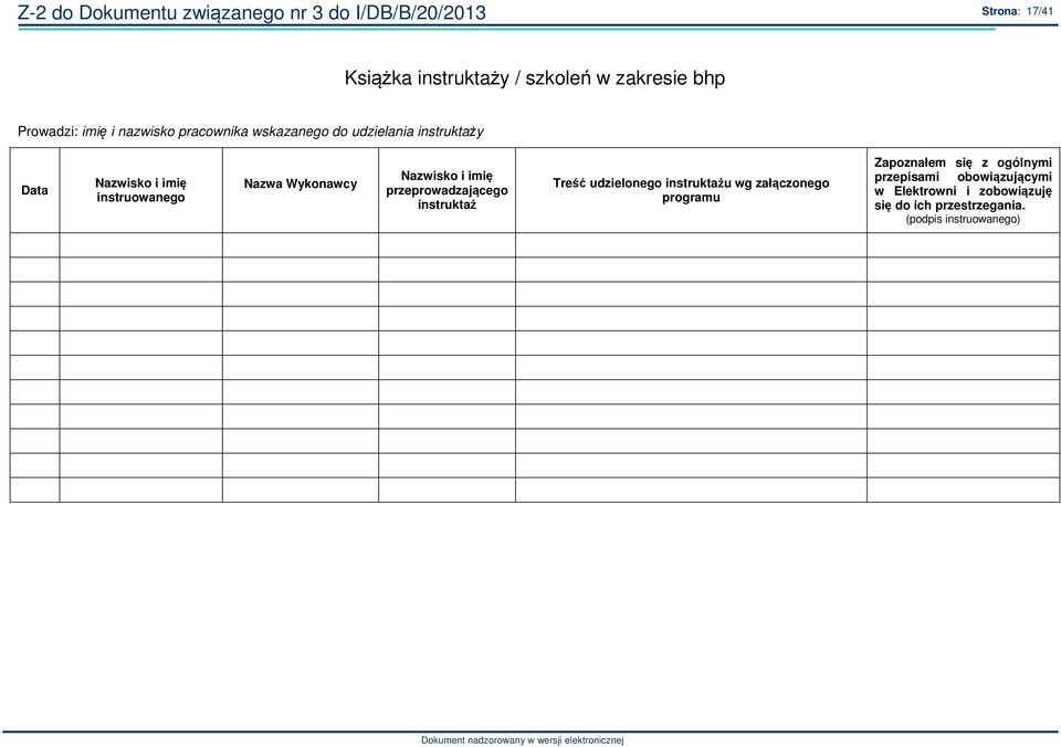 Wykonawcy Nazwisko i imię przeprowadzającego instruktaż Treść udzielonego instruktażu wg załączonego programu