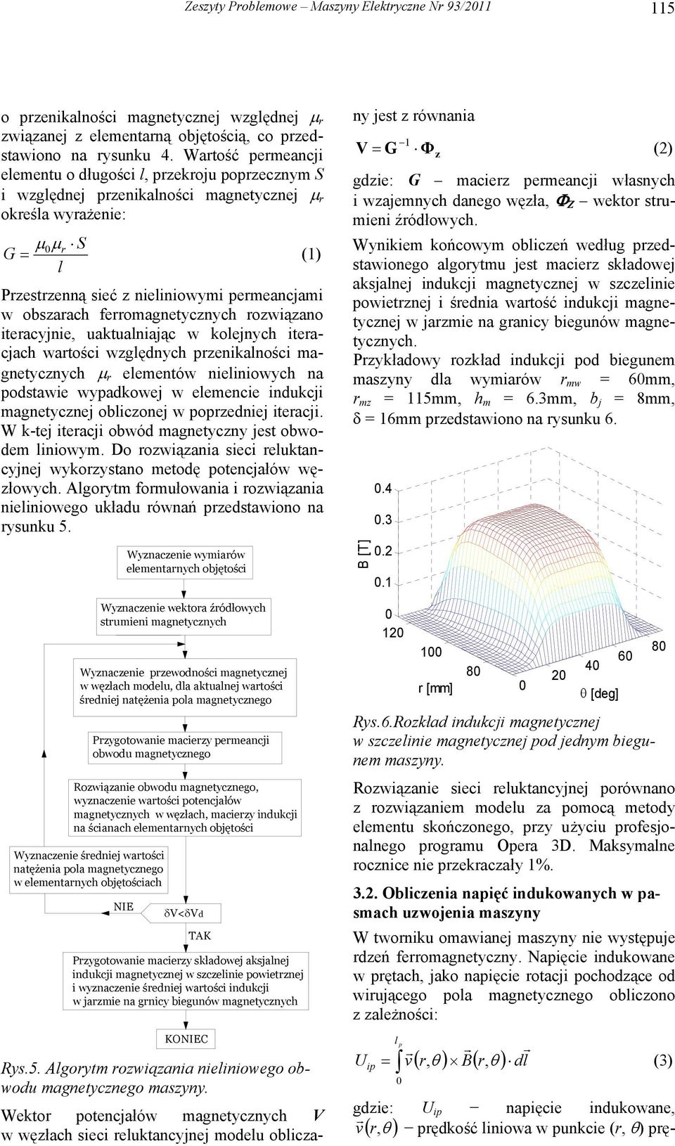 ferromagnetycznych rozwiązano iteracyjnie, uaktualniając w kolejnych iteracjach wartości względnych przenikalności magnetycznych r elementów nieliniowych na podstawie wypadkowej w elemencie indukcji