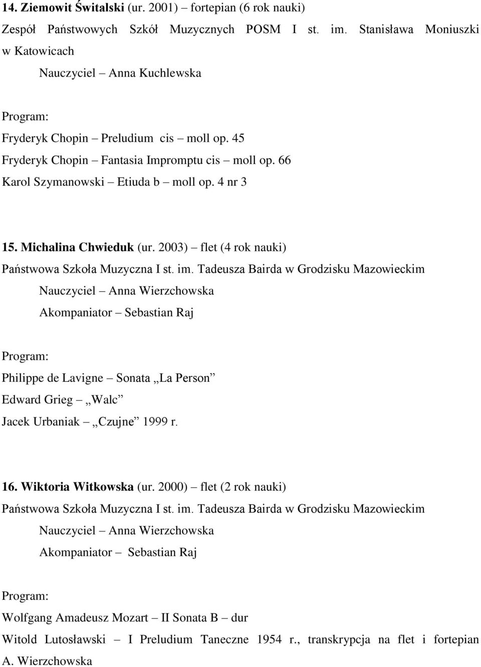 Michalina Chwieduk (ur. 2003) flet (4 rok nauki) Państwowa Szkoła Muzyczna I st. im.