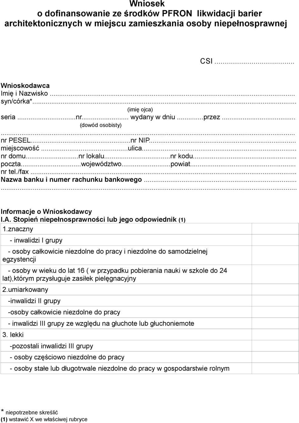 .. Nazwa banku i numer rachunku bankowego... Informacje o Wnioskodawcy I.A. Stopień niepełnosprawności lub jego odpowiednik (1) 1.