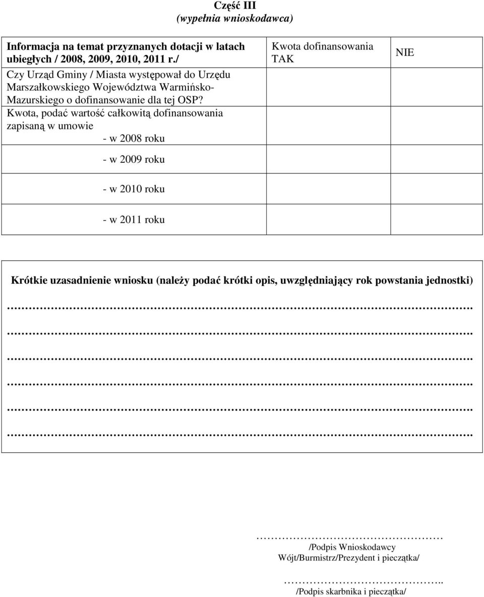 Kwota, podać wartość całkowitą dofinansowania zapisaną w umowie - w 2008 roku - w 2009 roku Kwota dofinansowania TAK NIE - w 2010 roku - w 2011