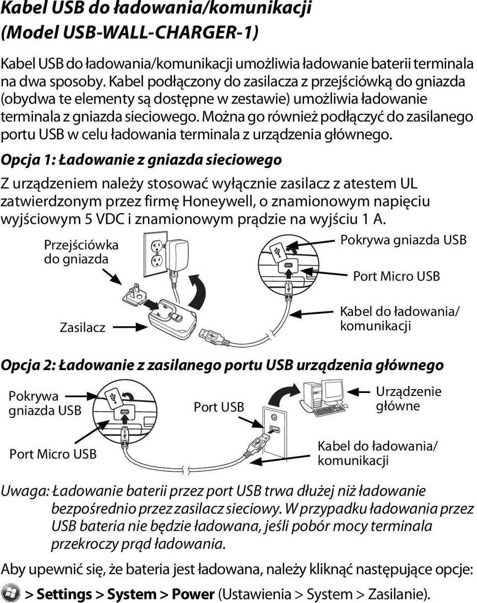 Można go również podłączyć do zasilanego portu USB w celu ładowania terminala z urządzenia głównego.