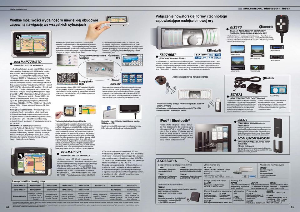 szeroki ekran LCD ze sterowaniem panelem dotykowym: 65 536 kolorów, doskonały kontrast, ekran antyrefleksyjny Pamięć 2 GB (MAP770) / 512 MB (MAP670) Nand Flash ROM Procesor 400 MHz Wbudowany tuner
