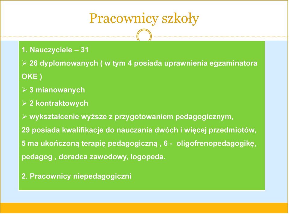 2 kontraktowych wykształcenie wyższe z przygotowaniem pedagogicznym, 29 posiada kwalifikacje