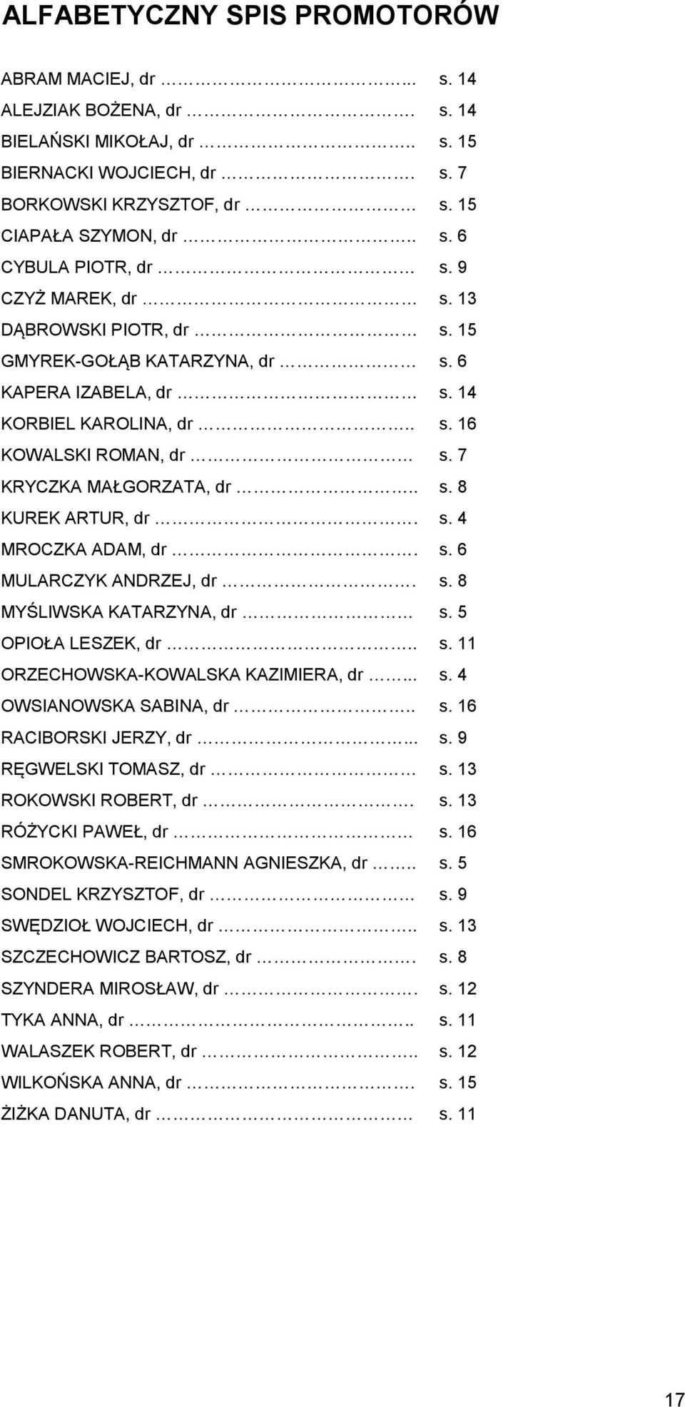 s. 4 MROCZKA ADAM, dr. s. 6 MULARCZYK ANDRZEJ, dr. s. 8 MYŚLIWSKA KATARZYNA, dr s. 5 OPIOŁA LESZEK, dr.. s. 11 ORZECHOWSKA-KOWALSKA KAZIMIERA, dr... s. 4 OWSIANOWSKA SABINA, dr.. s. 16 RACIBORSKI JERZY, dr.