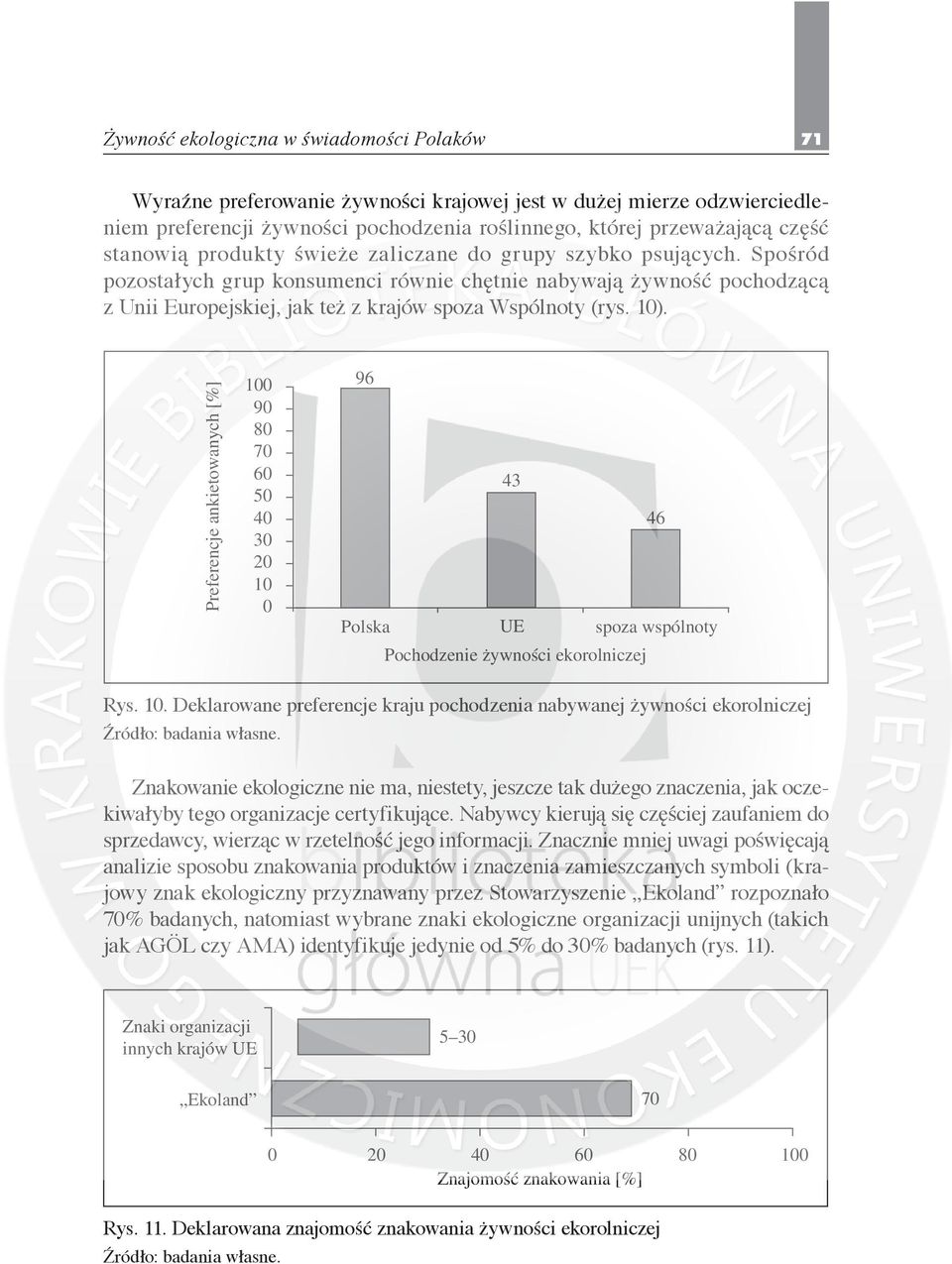 10). Preferencje ankietowanych [%] 100 90 80 70 60 50 40 30 20 10 0 96 43 46 Polska UE spoza wspólnoty Pochodzenie żywności ekorolniczej Rys. 10. Deklarowane preferencje kraju pochodzenia nabywanej żywności ekorolniczej Źródło: badania własne.
