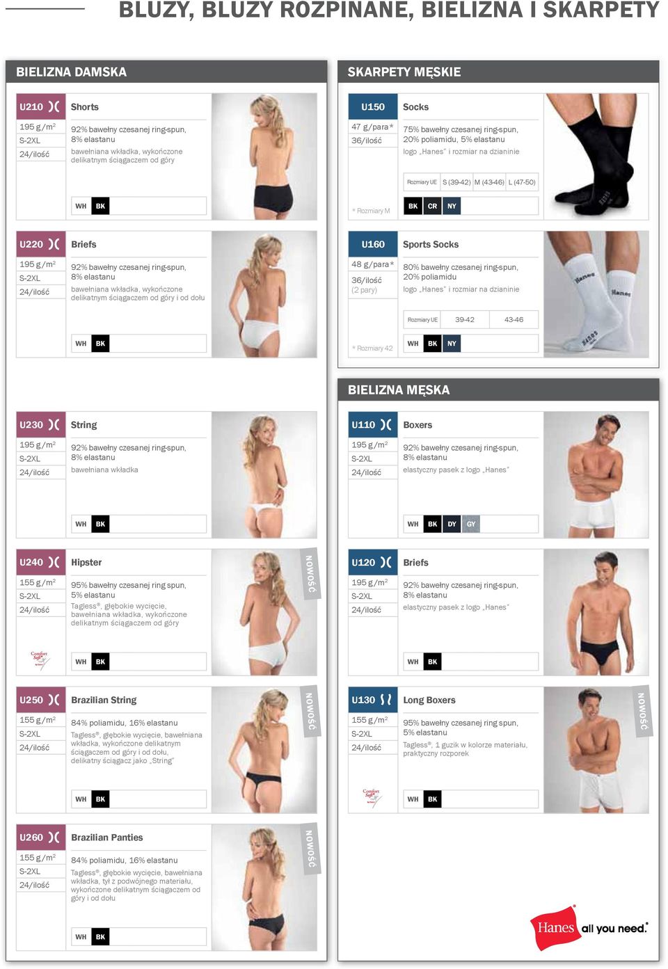 CR NY U220 Briefs U160 Sports Socks 195 g /m 2 92% bawełny czesanej ring-spun, S-2XL 8% elastanu 24/ilość bawełniana wkładka, wykończone delikatnym ściągaczem od góry i od dołu 48 g /para* 80%