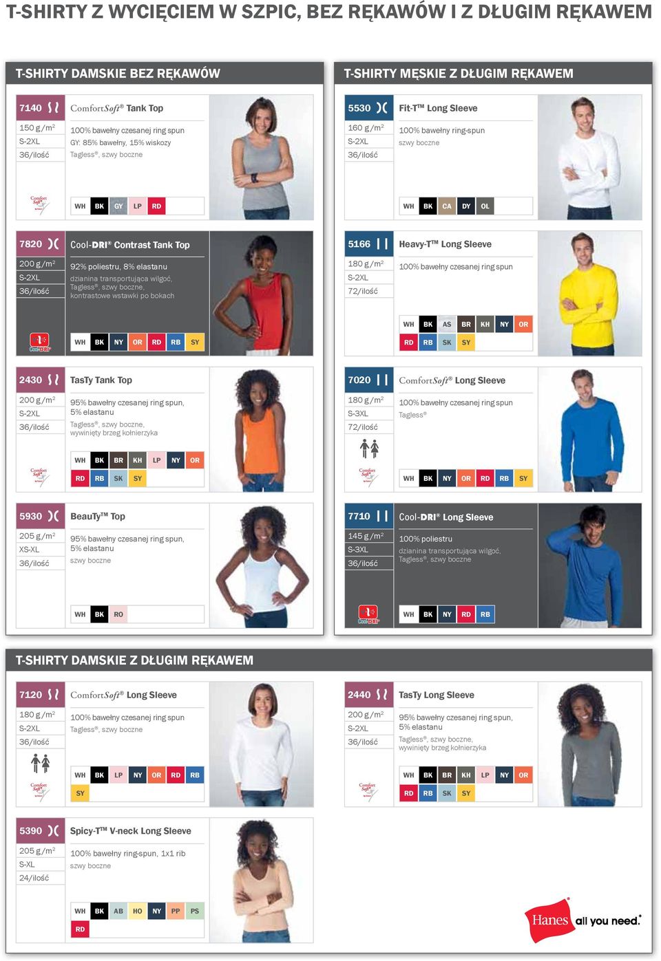 2 92% poliestru, 8% elastanu S-2XL dzianina transportująca wilgoć, Tagless, szwy boczne, kontrastowe wstawki po bokach 5166 Heavy-T TM Long Sleeve 180 g /m 2 100% bawełny czesanej ring spun S-2XL
