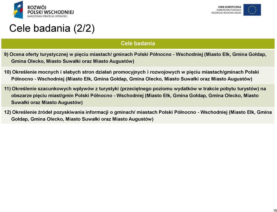 Augustów) 11) Określenie szacunkowych wpływów z turystyki (przeciętnego poziomu wydatków w trakcie pobytu turystów) na obszarze pięciu miast/gmin Polski Północno - Wschodniej (Miasto Ełk, Gmina