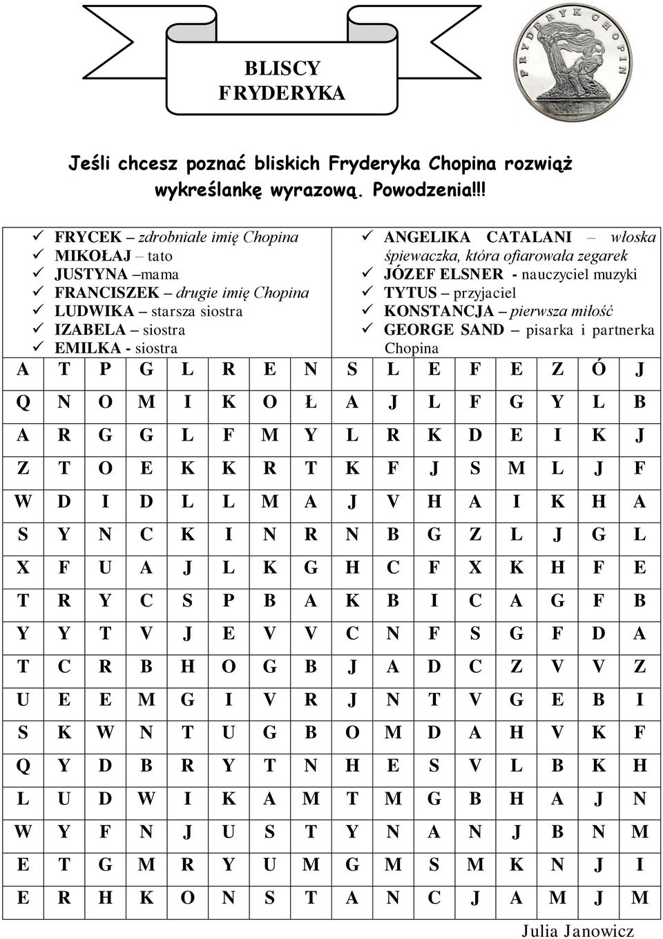 ofiarowała zegarek JÓZEF ELSNER - nauczyciel muzyki TYTUS przyjaciel KONSTANCJA pierwsza miłość GEORGE SAND pisarka i partnerka Chopina A T P G L R E N S L E F E Z Ó J Q N O M I K O Ł A J L F G Y L B