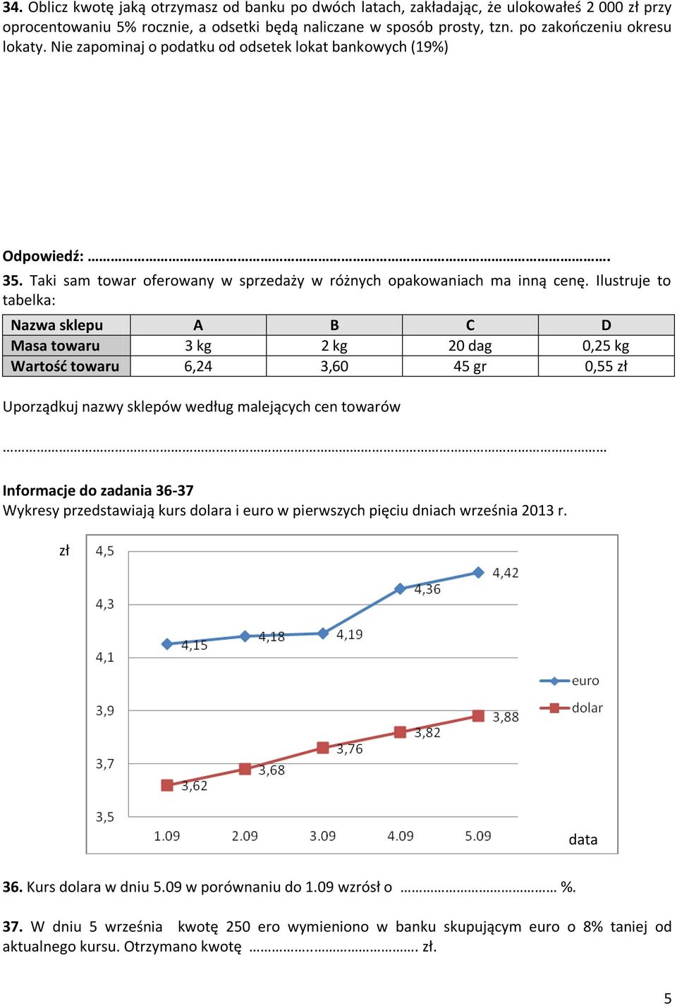 Ilustruje to tabelka: Nazwa sklepu A B C D Masa towaru 3 kg 2 kg 20 dag 0,25 kg Wartość towaru 6,24 3,60 45 gr 0,55 zł Uporządkuj nazwy sklepów według malejących cen towarów Informacje do zadania