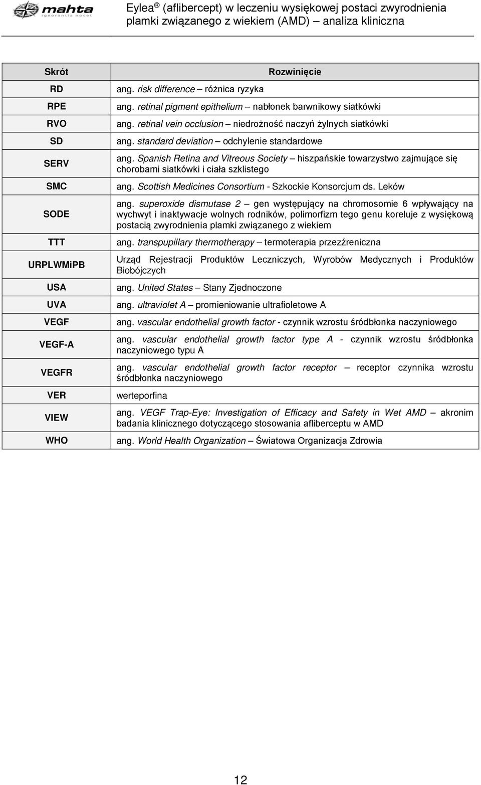 Spanish Retina and Vitreous Society hiszpańskie towarzystwo zajmujące się chorobami siatkówki i ciała szklistego ang. Scottish Medicines Consortium - Szkockie Konsorcjum ds. Leków ang.