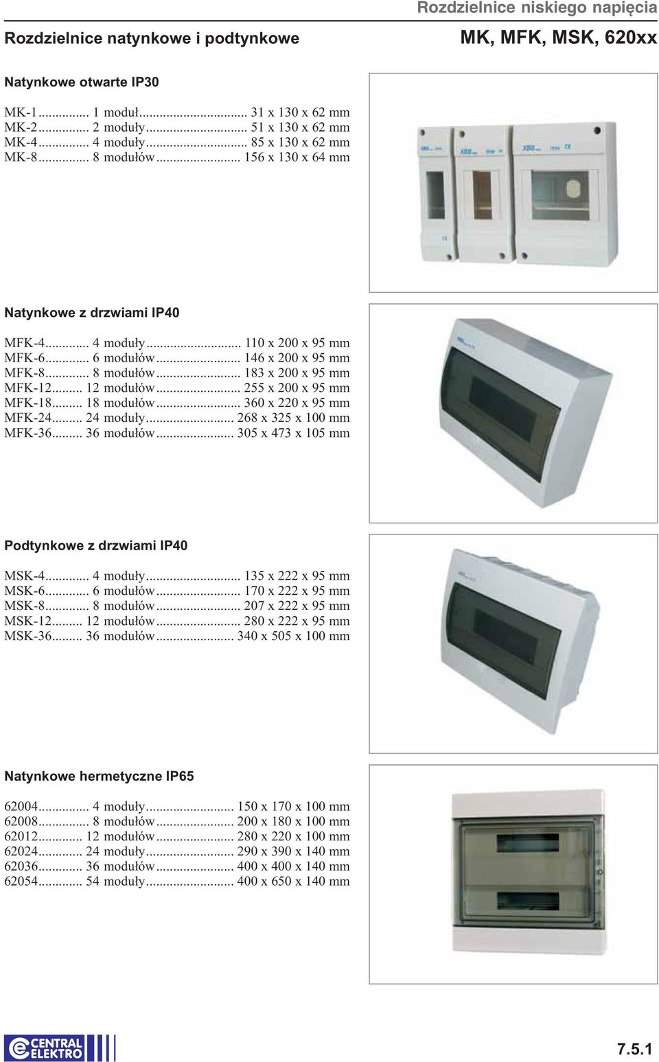 .. 8 modułów... 60 x 0 x 95 mm MFK-... moduły... 68 x 5 x 00 mm MFK-6... 6 modułów... 05 x 7 x 05 mm Podtynkowe z drzwiami IP0 MSK-... moduły... 5 x x 95 mm MSK-6... 6 modułów... 70 x x 95 mm MSK-8.