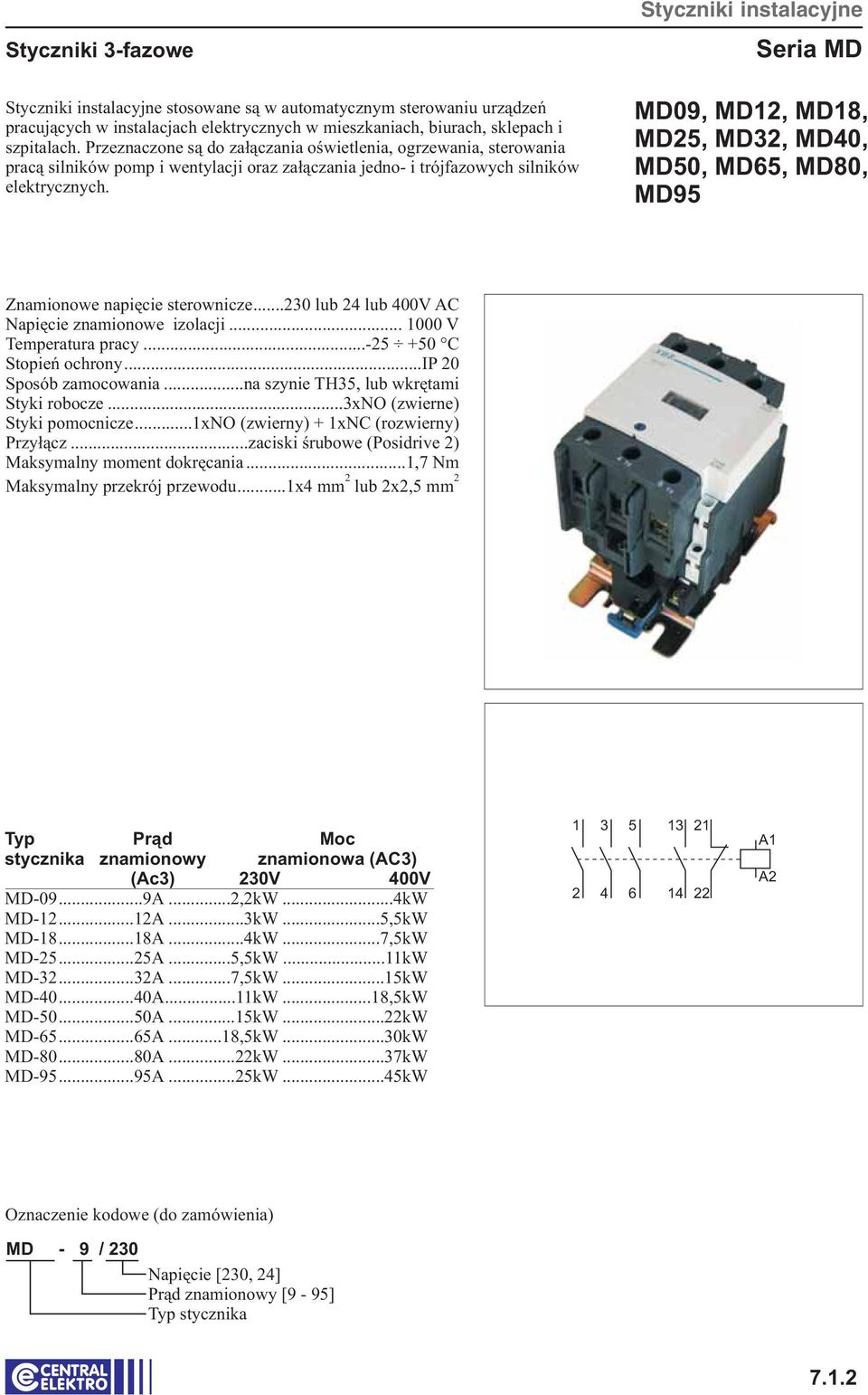 Styczniki instalacyjne Seria MD MD09, MD, MD8, MD5, MD, MD0, MD50, MD65, MD80, MD95 Znamionowe n apięcie sterownicze...0 lub lub 00V AC Napięcie znamionowe izolacji... 000 V Temperatura pracy.