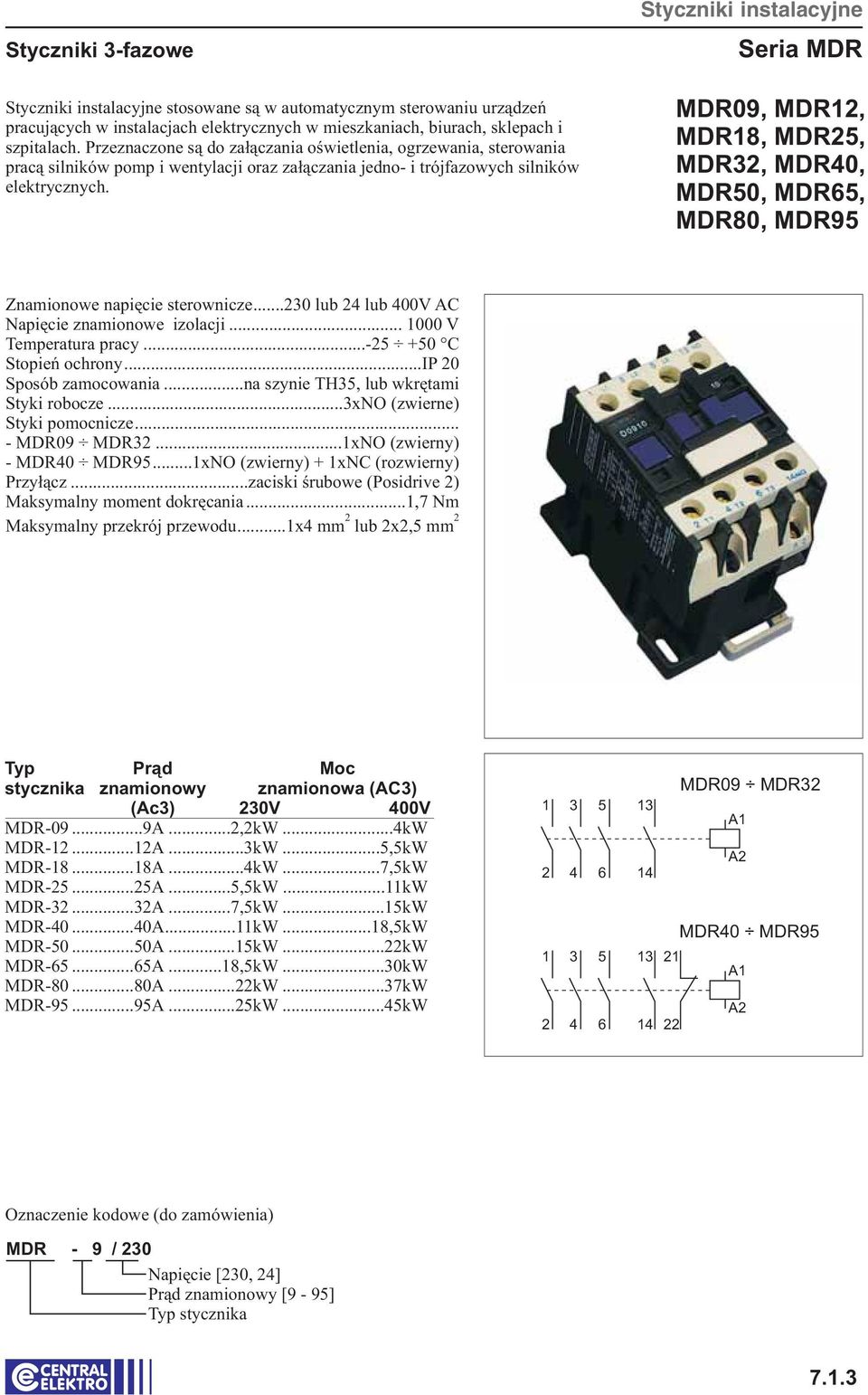 Styczniki instalacyjne Seria MDR MDR09, MDR, MDR8, MDR5, MDR, MDR0, MDR50, MDR65, MDR80, MDR95 Znamionowe n apięcie sterownicze...0 lub lub 00V AC Napięcie znamionowe izolacji.