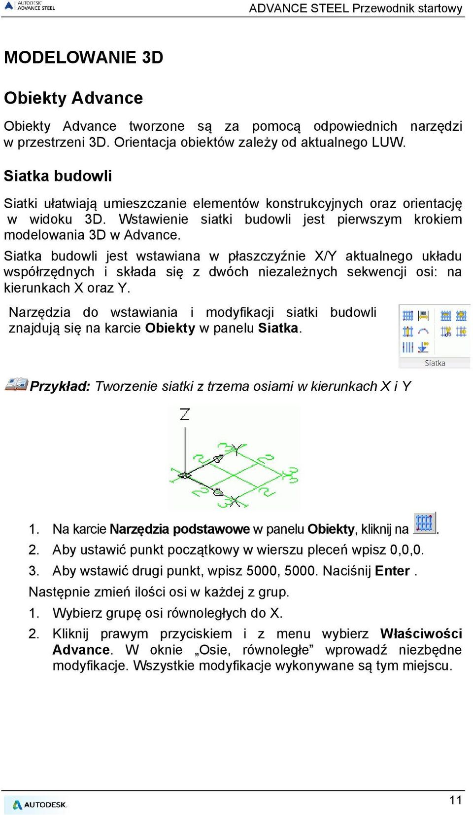 Siatka budowli jest wstawiana w płaszczyźnie X/Y aktualnego układu współrzędnych i składa się z dwóch niezależnych sekwencji osi: na kierunkach X oraz Y.