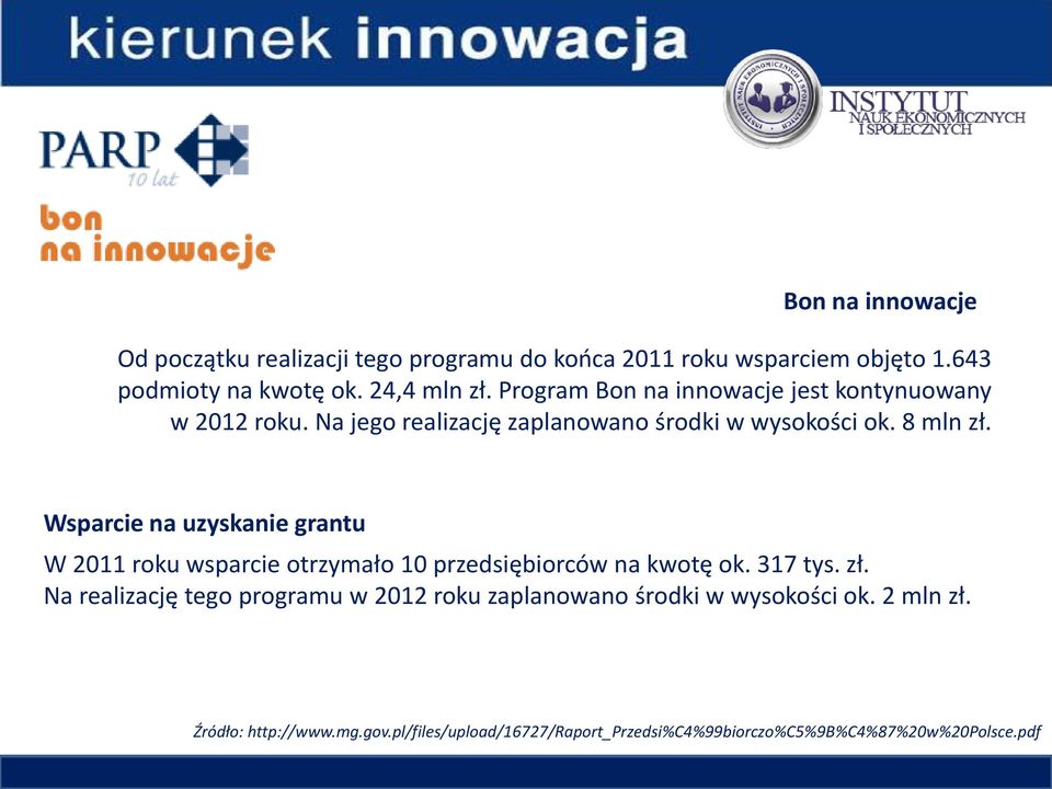 Wsparcie na uzyskanie grantu W 2011 roku wsparcie otrzymało 10 przedsiębiorców na kwotę ok. 317 tys. zł.