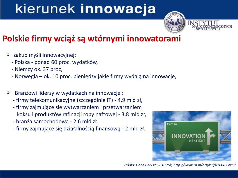 pieniędzy jakie firmy wydają na innowacje, Branżowi liderzy w wydatkach na innowacje : - firmy telekomunikacyjne (szczególnie IT) - 4,9 mld