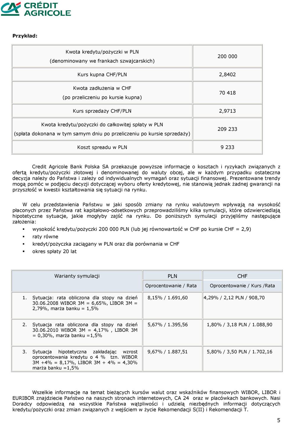 SA przekazuje powyŝsze informacje o kosztach i ryzykach związanych z ofertą kredytu/poŝyczki złotowej i denominowanej do waluty obcej, ale w kaŝdym przypadku ostateczna decyzja naleŝy do Państwa i