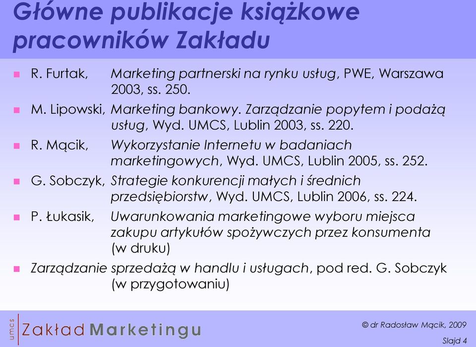UMCS, Lublin 2005, ss. 252. G. Sobczyk, Strategie konkurencji małych i średnich przedsiębiorstw, Wyd. UMCS, Lublin 2006, ss. 224. P.