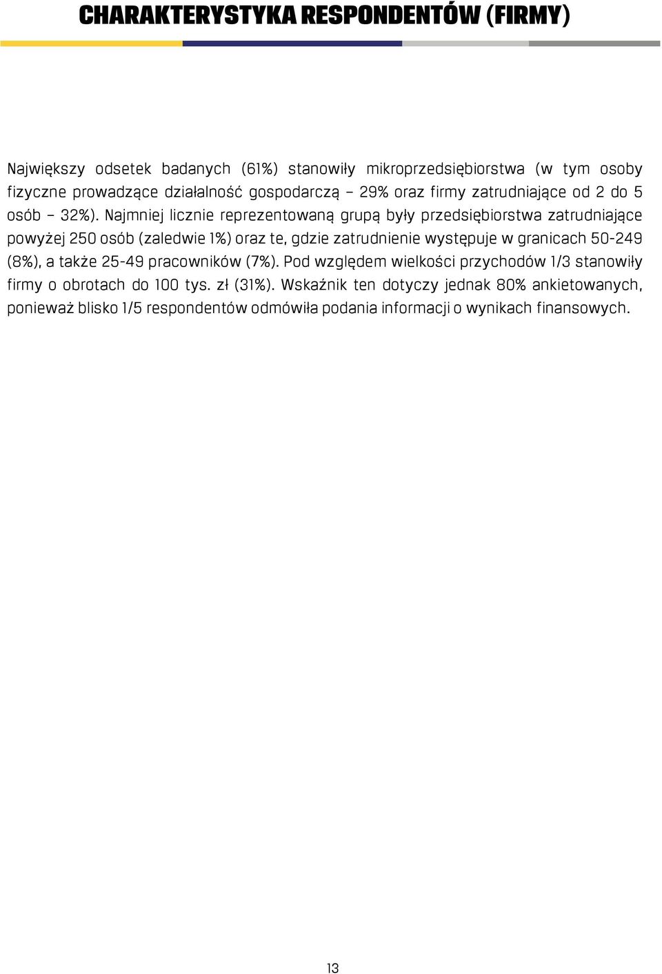Najmniej licznie reprezentowaną grupą były przedsiębiorstwa zatrudniające powyżej 250 osób (zaledwie 1%) oraz te, gdzie zatrudnienie występuje w granicach