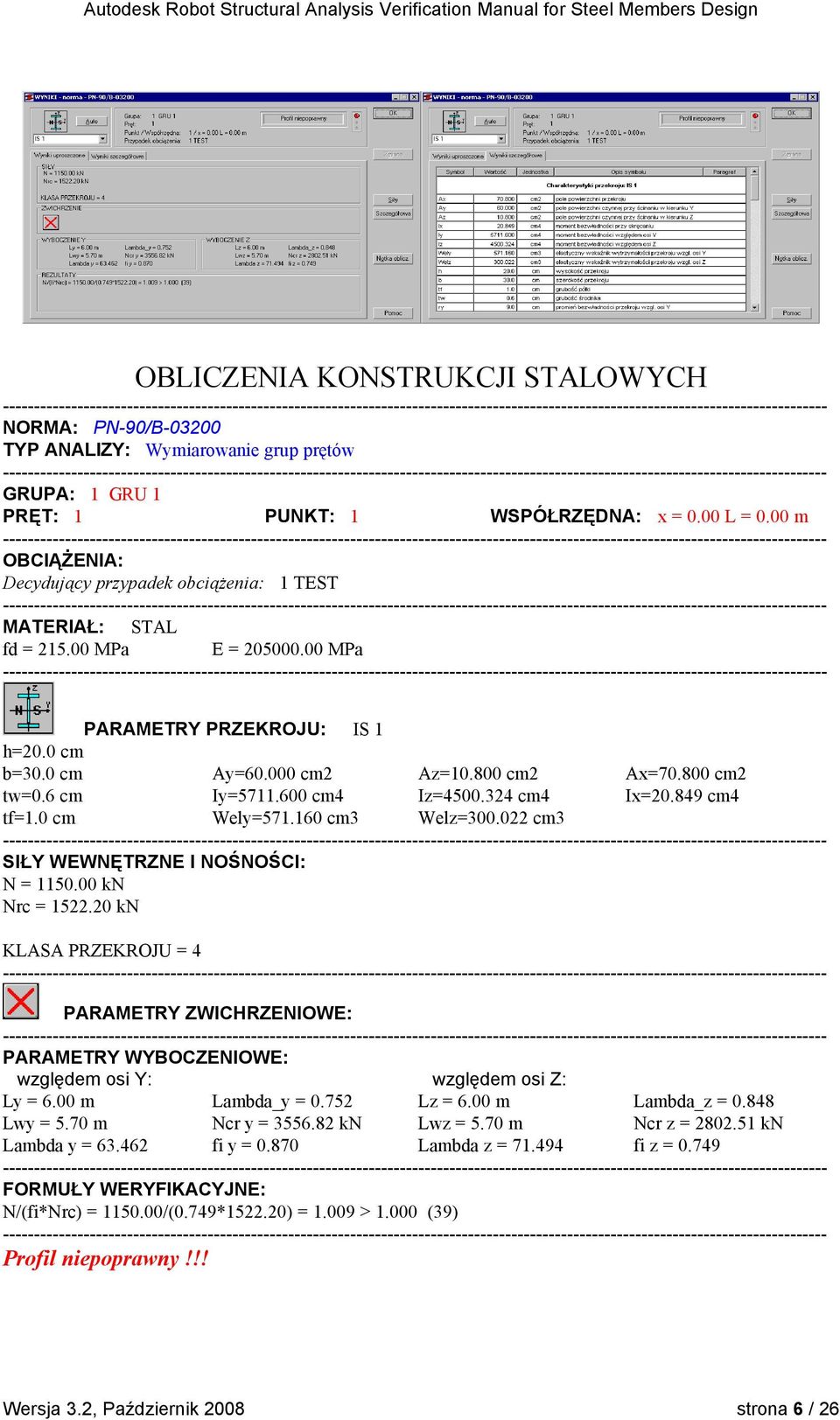 6 cm Iy=5711.600 cm4 Iz=4500.324 cm4 Ix=20.849 cm4 tf=1.0 cm Wely=571.160 cm3 Welz=300.022 cm3 SIŁY WEWNĘTRZNE I NOŚNOŚCI: N = 1150.00 kn Nrc = 1522.