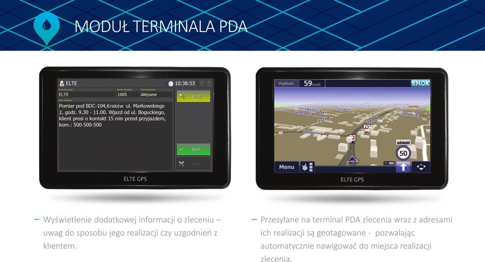 Przesyłane na terminal PDA zlecenia wraz z adresami ich realizacji