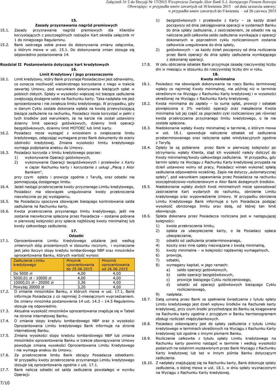 Rozdział II Postanowienia dotyczące kart kredytowych 16