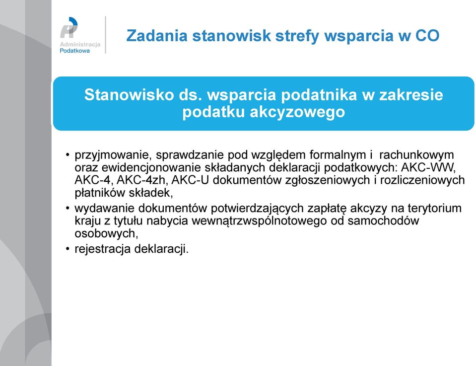 ewidencjonowanie składanych deklaracji podatkowych: AKC-WW, AKC-4, AKC-4zh, AKC-U dokumentów zgłoszeniowych i