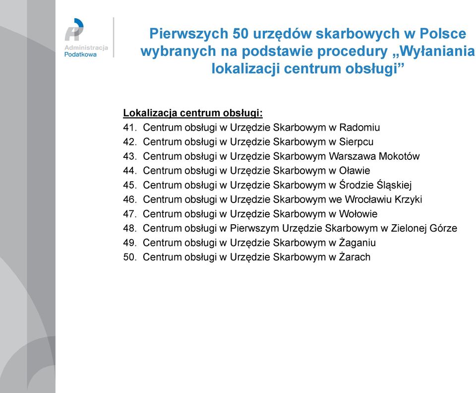 Centrum obsługi w Urzędzie Skarbowym w Oławie 45. Centrum obsługi w Urzędzie Skarbowym w Środzie Śląskiej 46. Centrum obsługi w Urzędzie Skarbowym we Wrocławiu Krzyki 47.