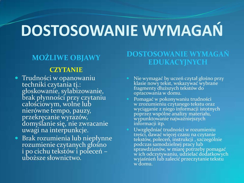 Brak rozumienia lub niepłynne rozumienie czytanych głośno i po cichu tekstów i poleceń uboższe słownictwo.